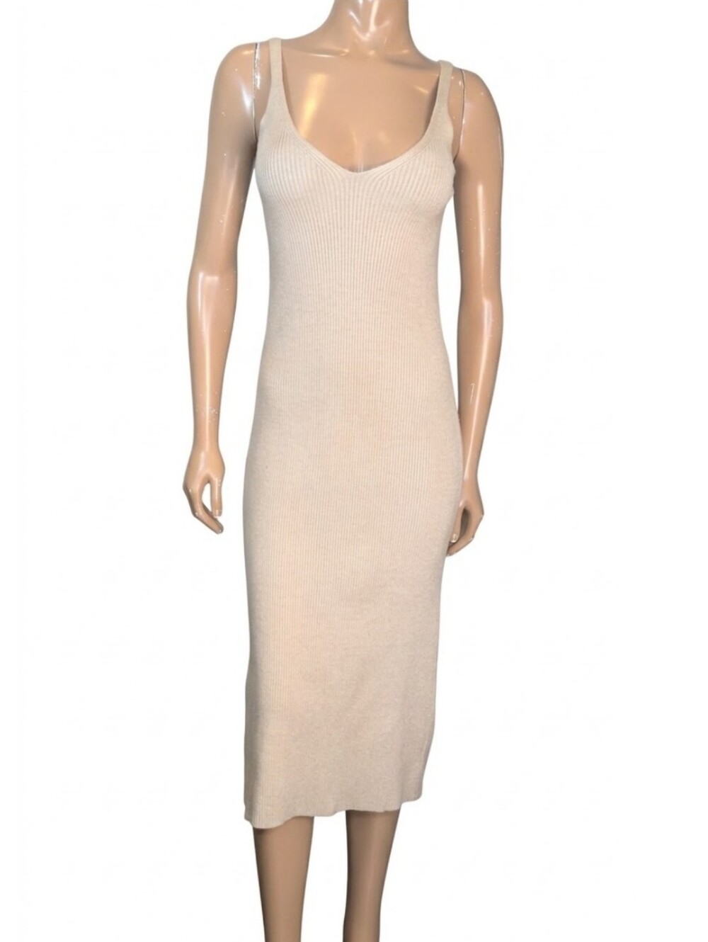 Zara Ribbed Knit Vneck Midi Dress Beige Size Small Sleeveless Womens Size Small